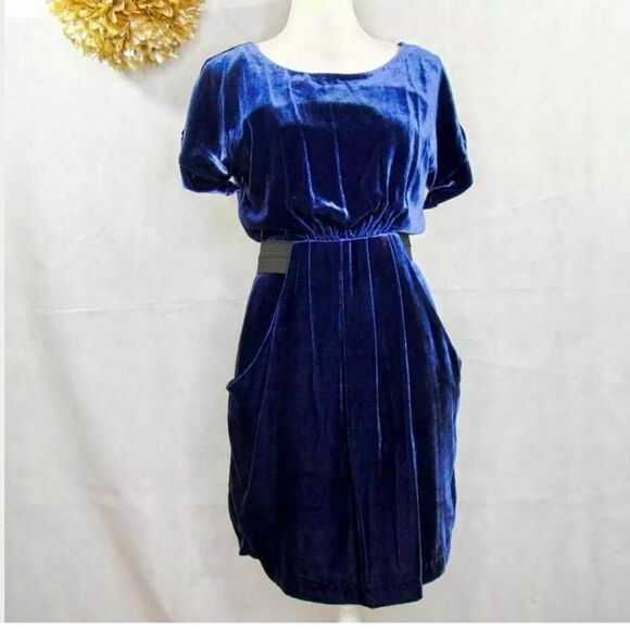 TWELFTH STREET Blue Velvet Mini Dress with POCKETS - Picture 1 of 8
